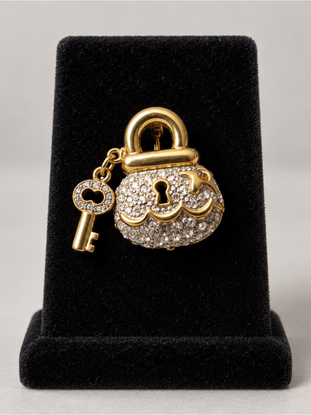 Rhinestone Purse Brooch Gold Tone Handbag Lock & Dangling Key Pin
